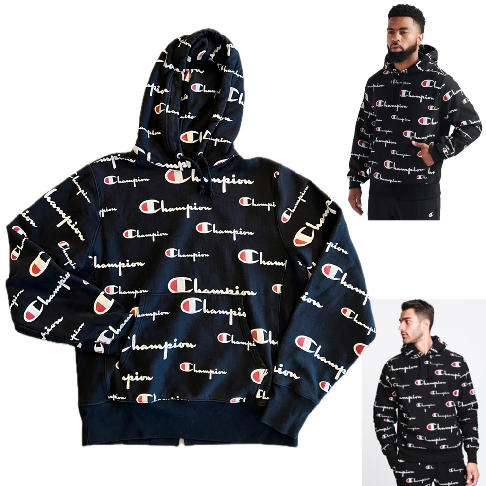 Champion Reverse Weave All Over
Logo Print Hoodie Sweatshirt Pocket SZ Medium